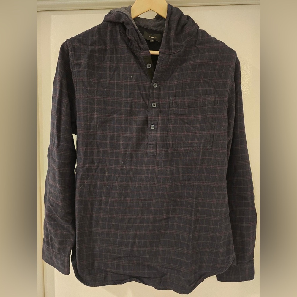 Vince Black Hooded Popover Shirt, Highway Plaid